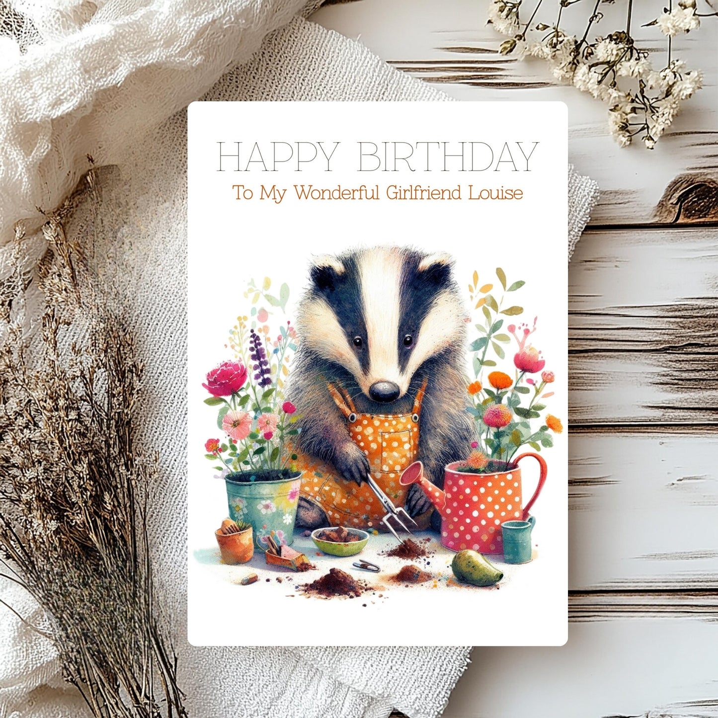 Custom Badger Card for Girlfriend – Handmade Personalised Woodland Greeting