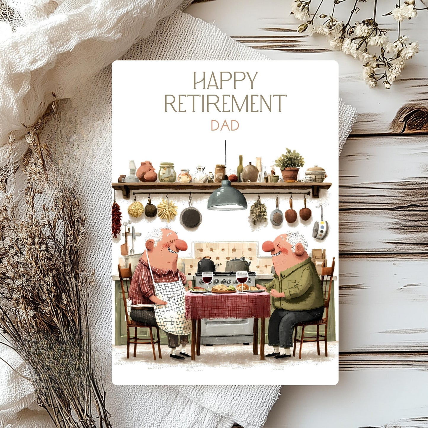 Cartoon illustration of two men in a kitchen with 'Happy Retirement Dad' text on a decorative card.