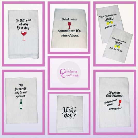 image of various tea towels with alcohol related slogans