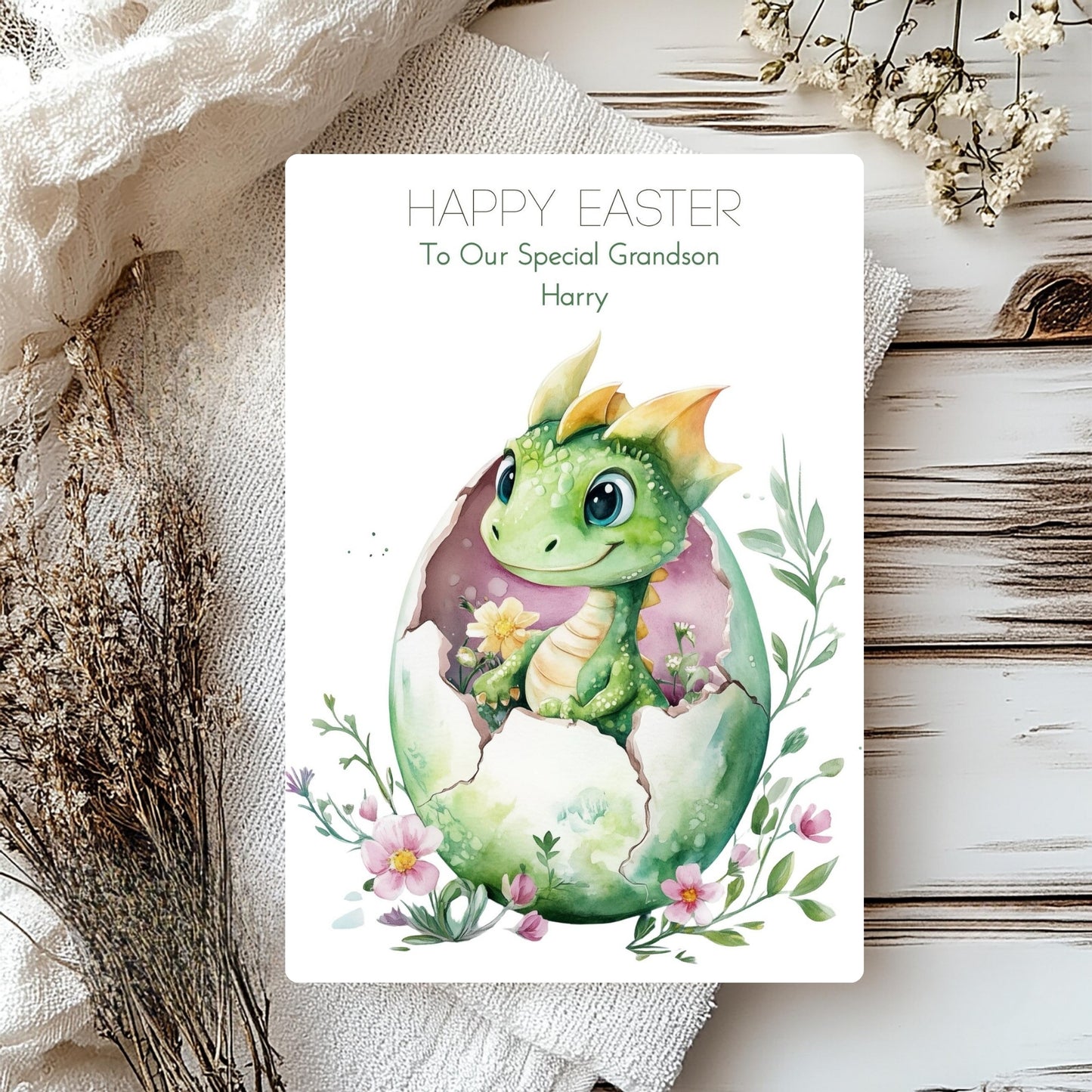 Personalised Boys Easter Card with Dinosaur Illustration – Spring Greeting
