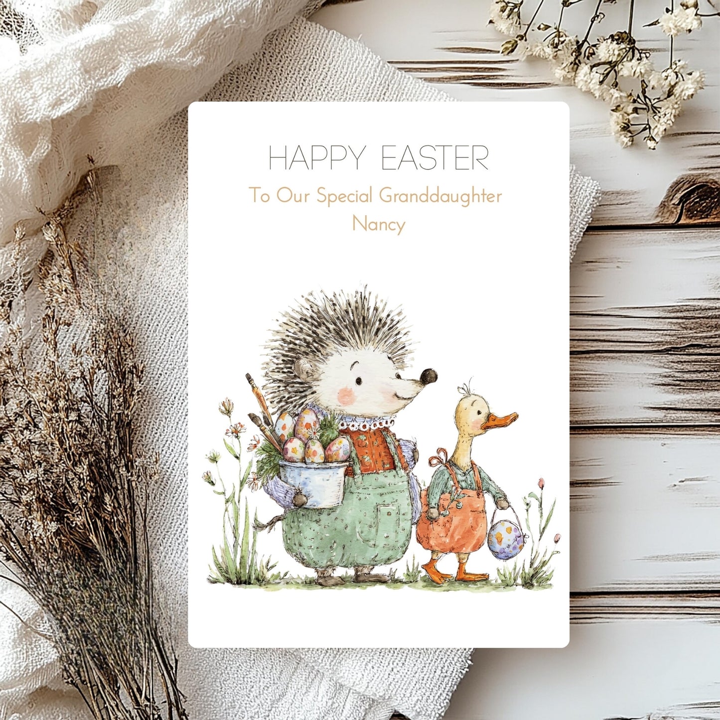 Easter Greeting Card – Handmade with Hedgehog and Duck Illustration