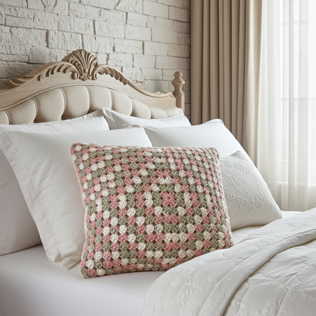 A square crocheted throw pillow with a pink, beige, and white granny square pattern, styled on a white bed with a tufted headboard and neutral curtains.