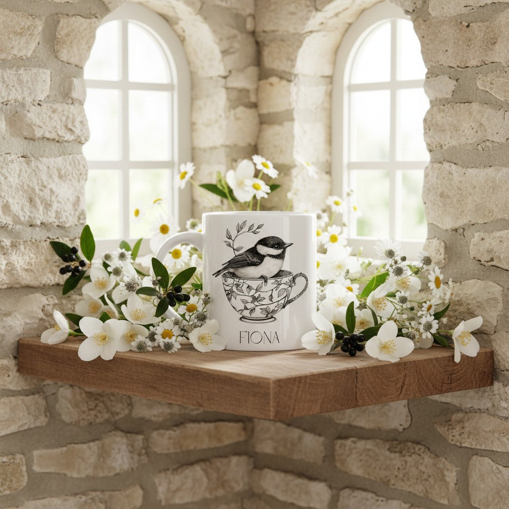 Decorative shelf with flowers and a mug featuring a bird design against a stone wall background