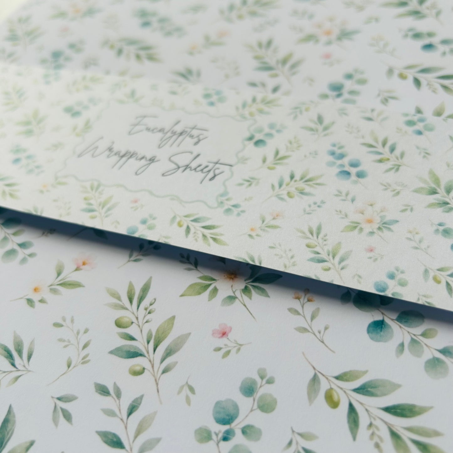 Floral patterned paper with 'Eucalyptus Wrapping Sheets' text on a white background