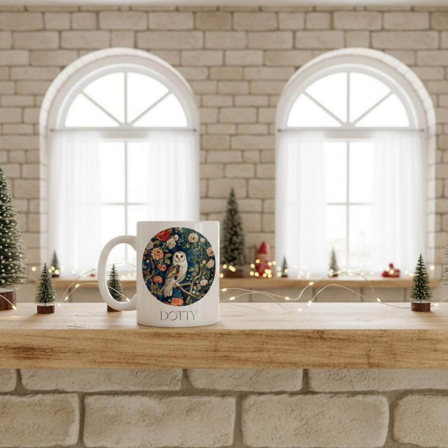 Mug with owl design on a wooden surface in a cosy room with windows and decorative items.