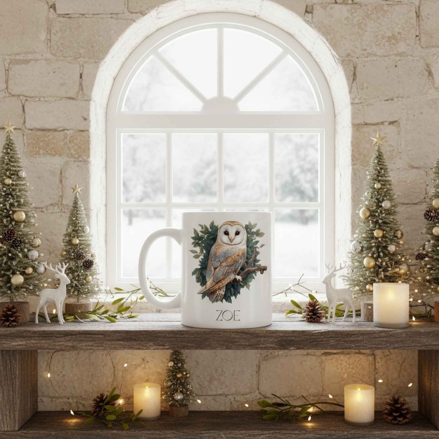 White mug with owl design and 'Zoe' text on a wooden shelf with Christmas decorations.