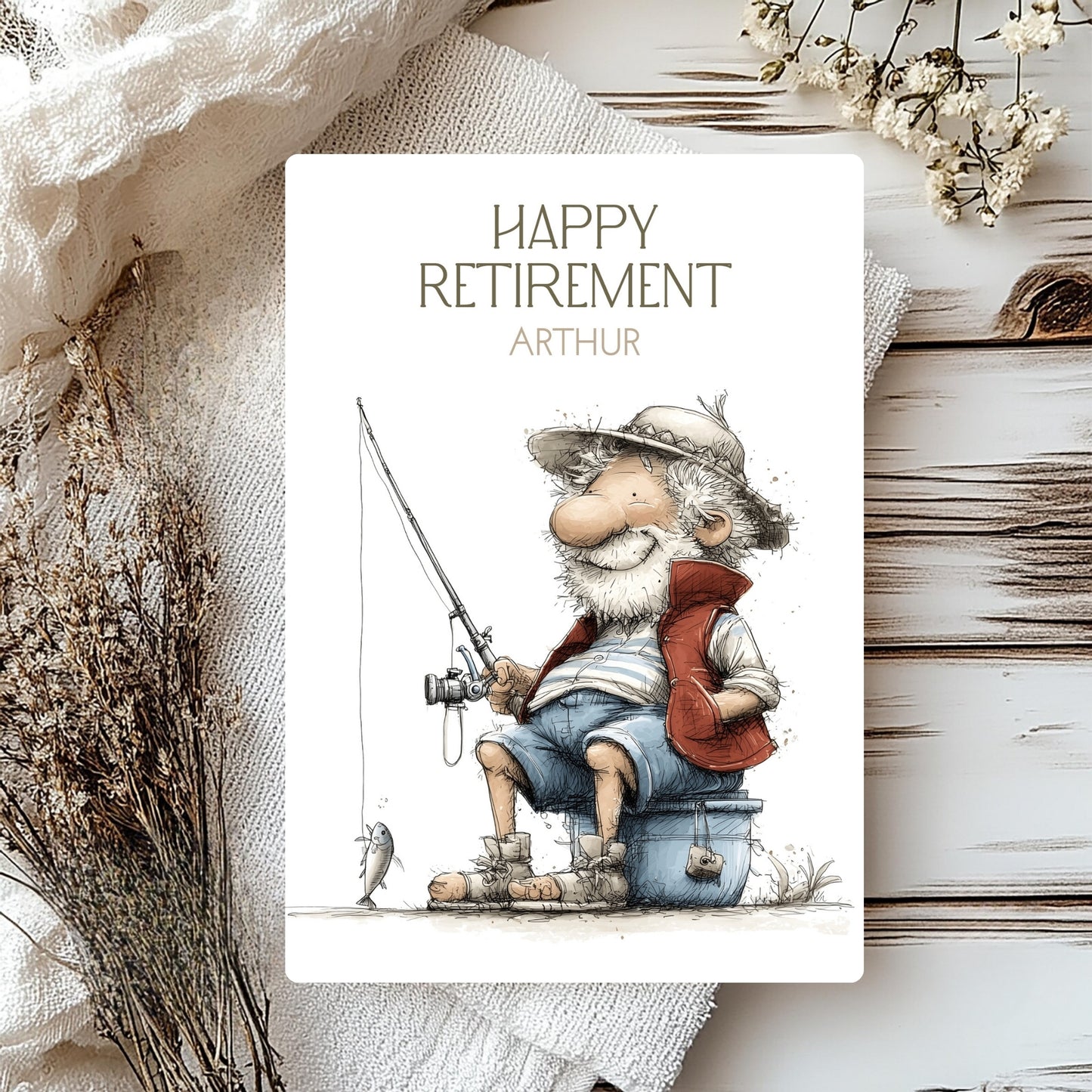 Happy Retirement card with a cartoon character holding a fishing rod on a wooden surface.