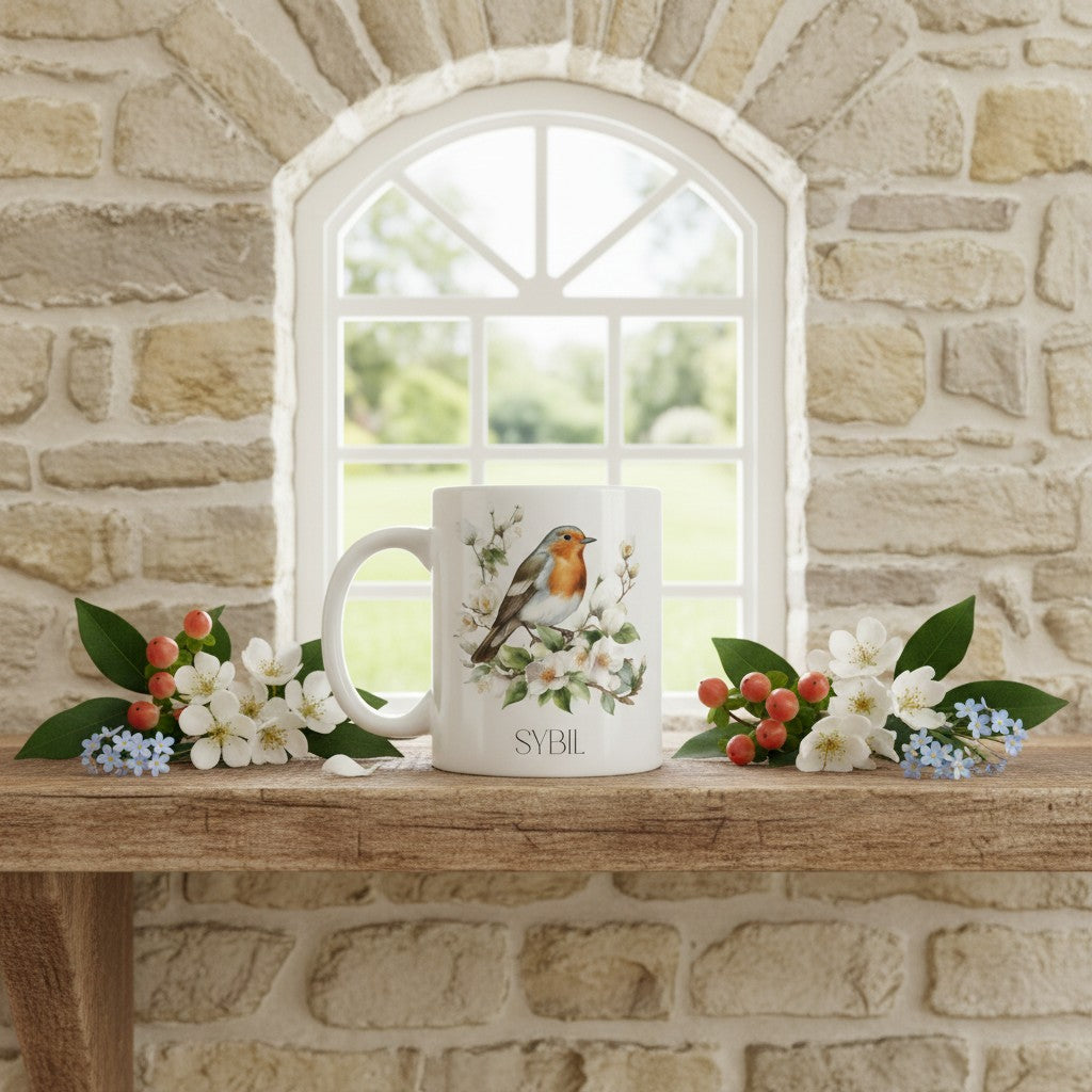 White mug with a robin design on a wooden surface in front of a stone wall and window.