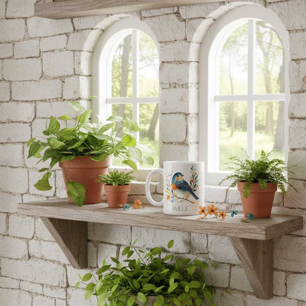 Wooden shelf with potted plants and a mug featuring a bird design against a stone wall.