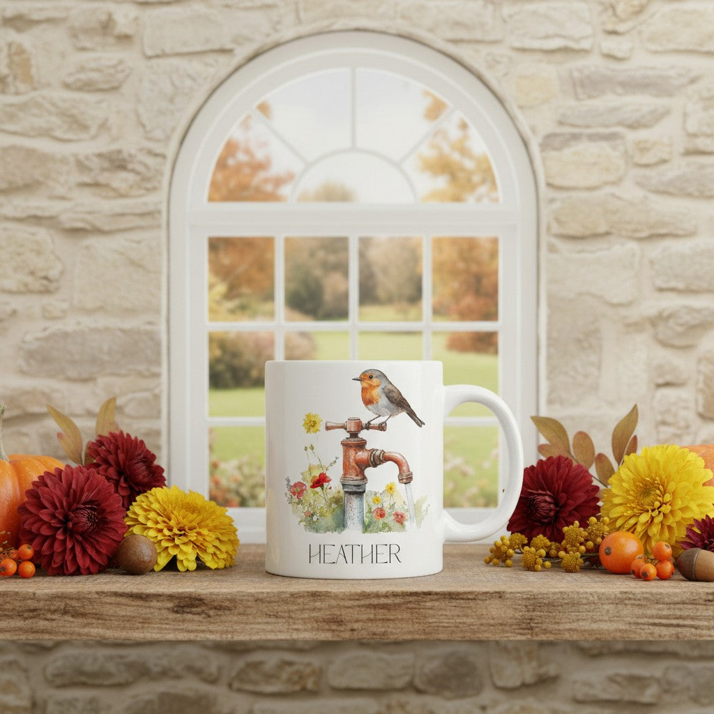 Mug with a design of a robin and flowers on a stone surface with autumn decorations.