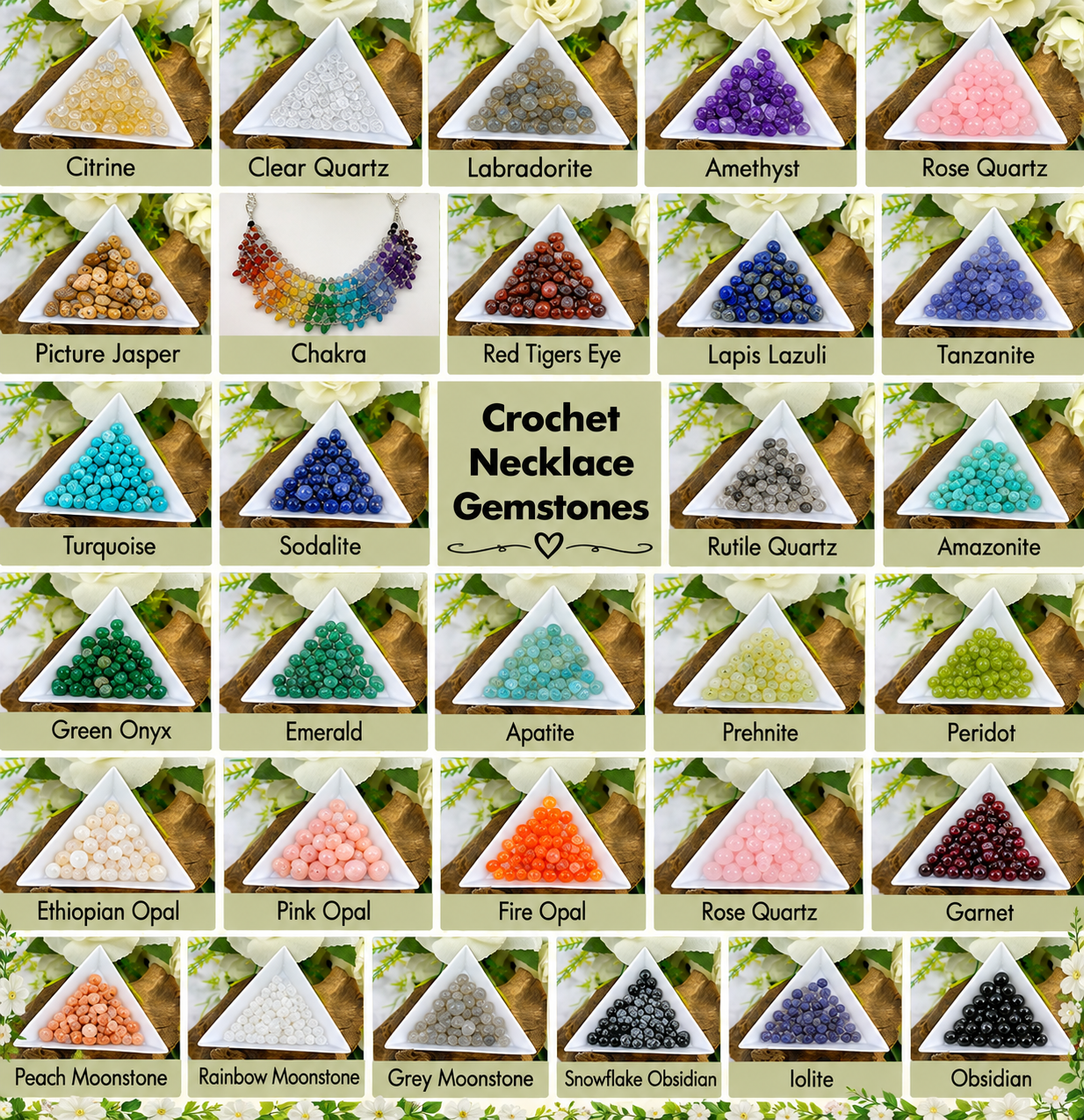 A collage showing many labelled gemstone triangles arranged in a grid, with a central title card reading 'Crochet Necklace Gemstones.