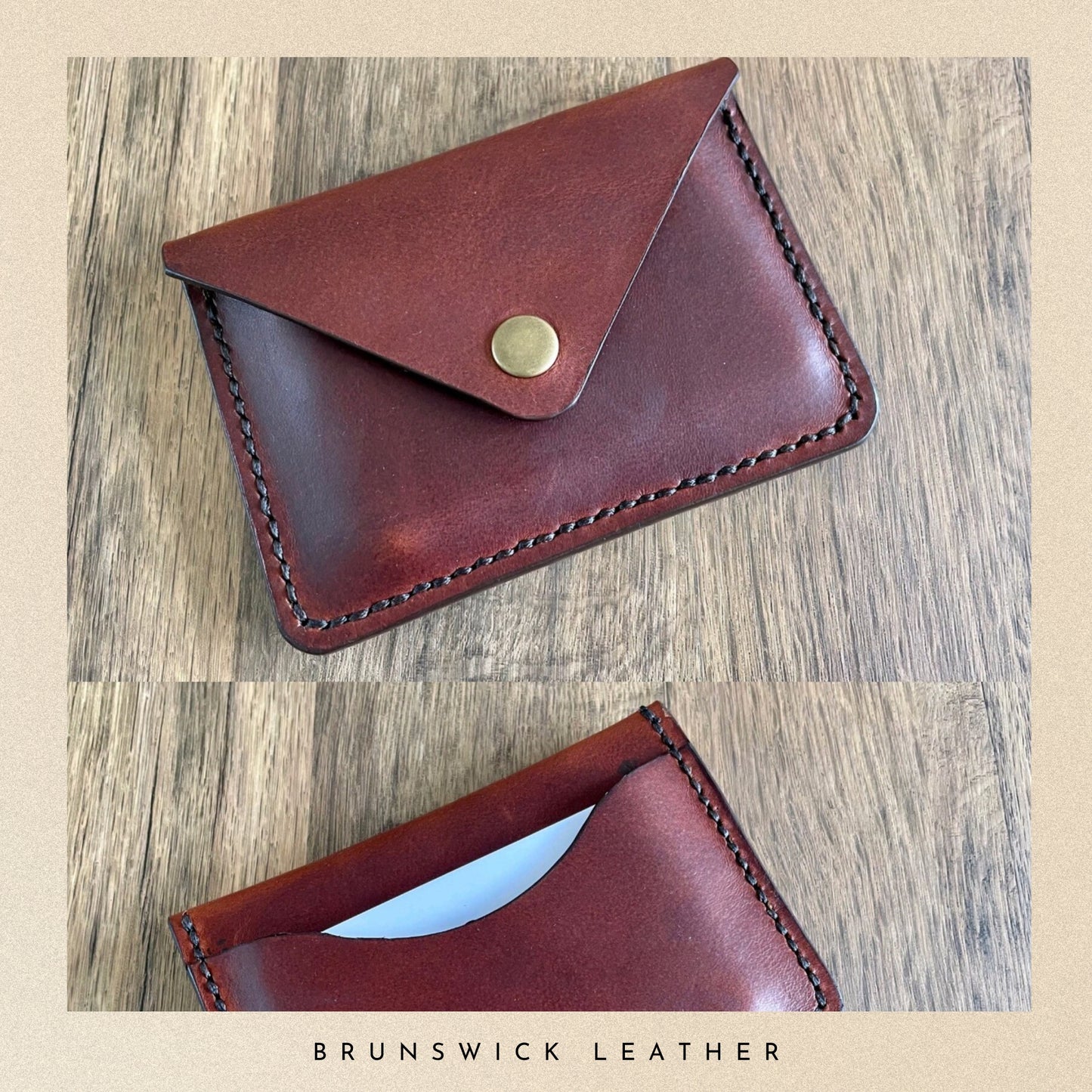 Brown leather wallet with gold button on a wooden surface, branded 'Brunswick Leather'.