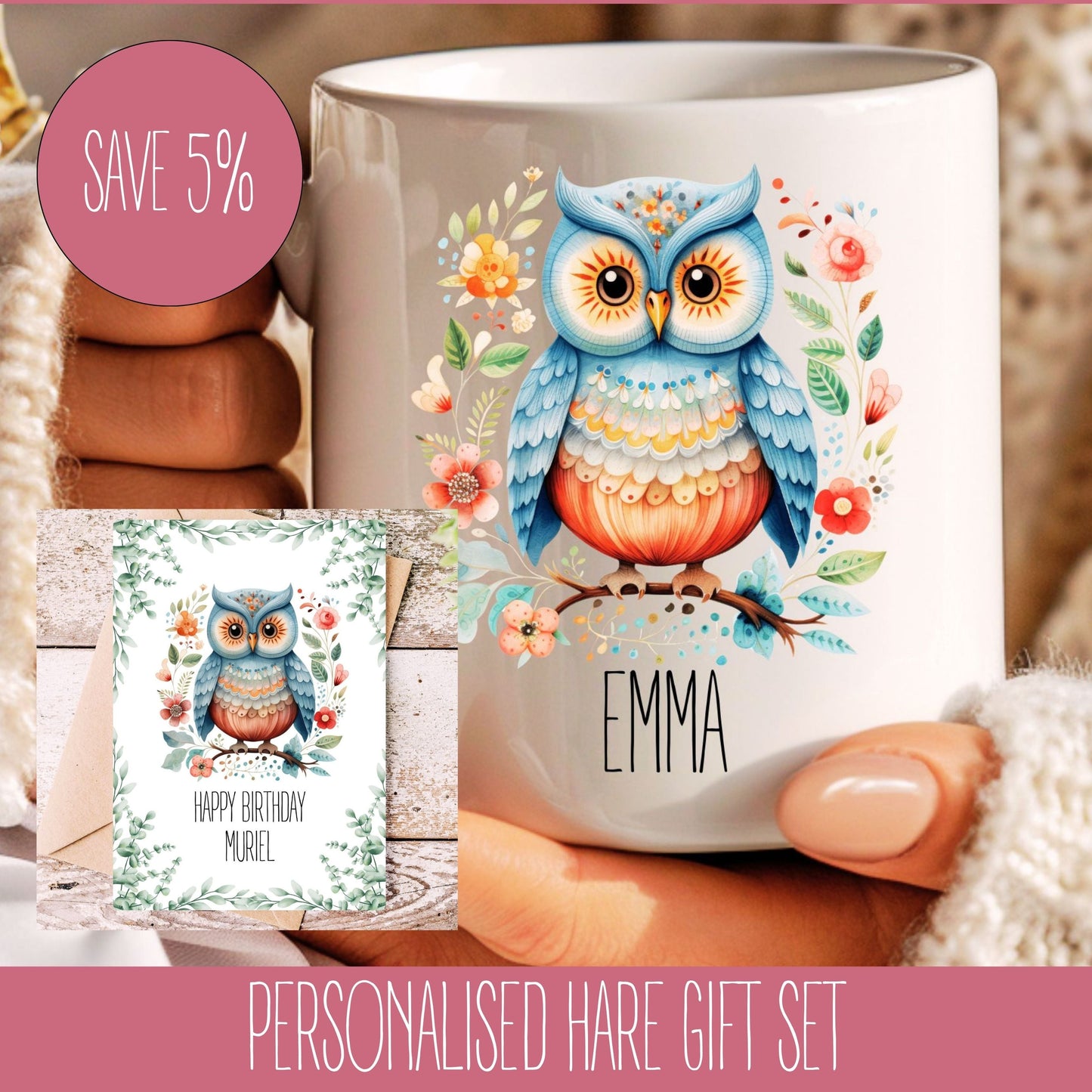 A personalised gift set featuring a colorful owl design on a mug, with a matching card displaying the name 'EMMA'.