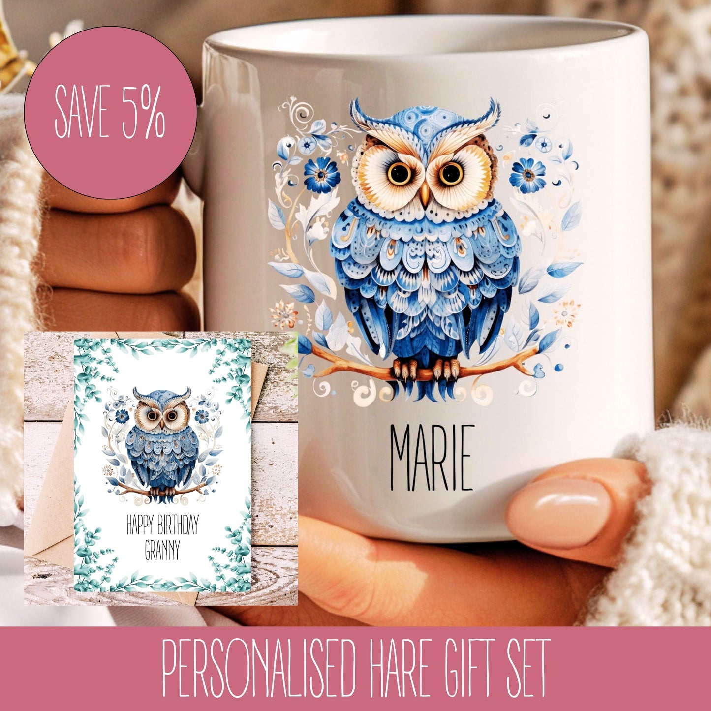 A personalised gift set featuring a blue owl design on a mug and a matching card with the name 'Marie' printed on it.