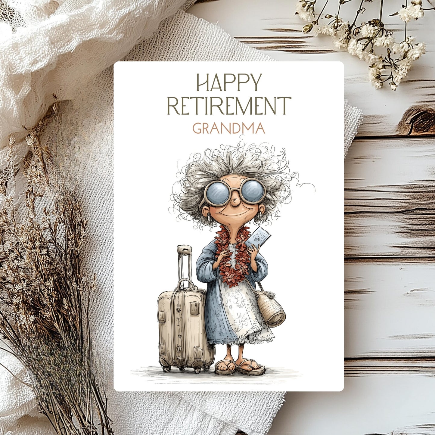 Illustration of a cartoon grandma with a suitcase and a 'Happy Retirement Grandma' card.