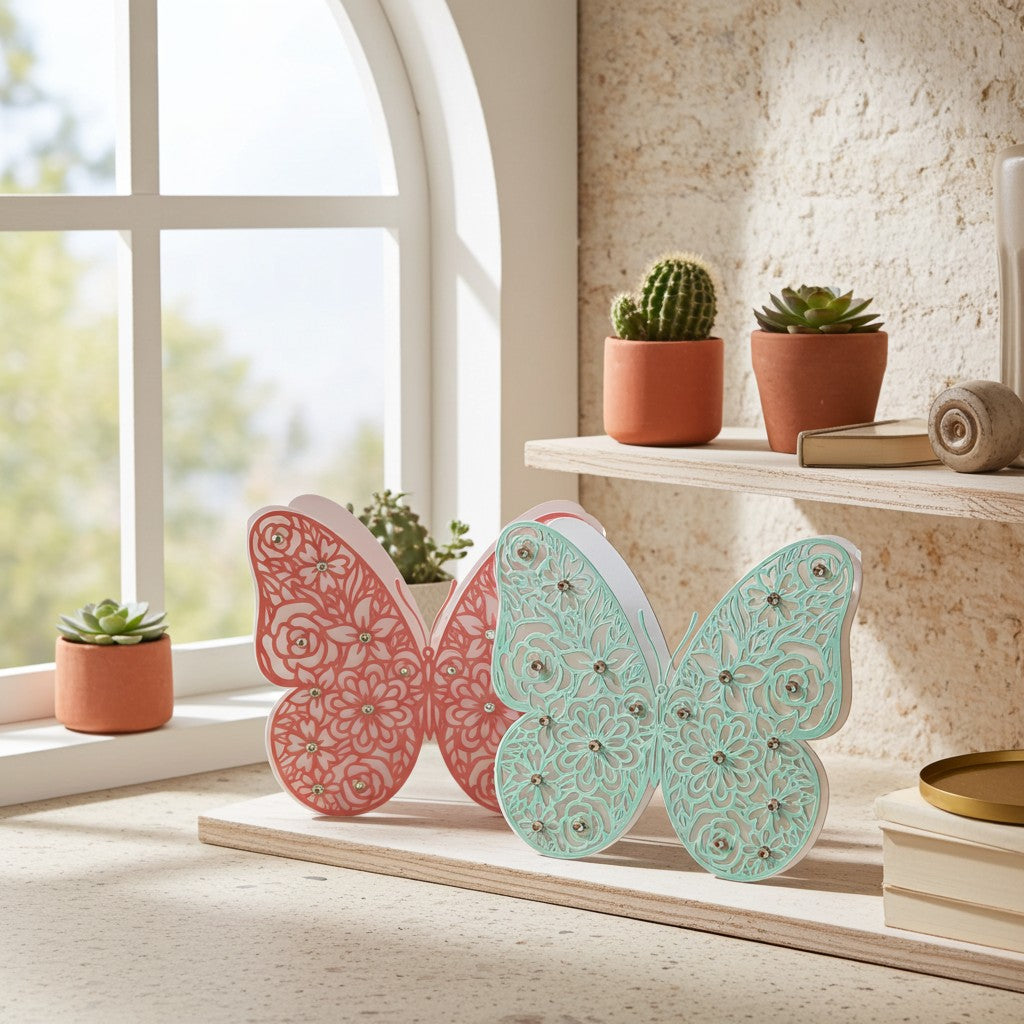 Two decorative butterfly-shaped greeting cards with intricate laser-cut floral patterns, one in coral pink and one in mint green, displayed on a wooden shelf in a bright, sunlit room.