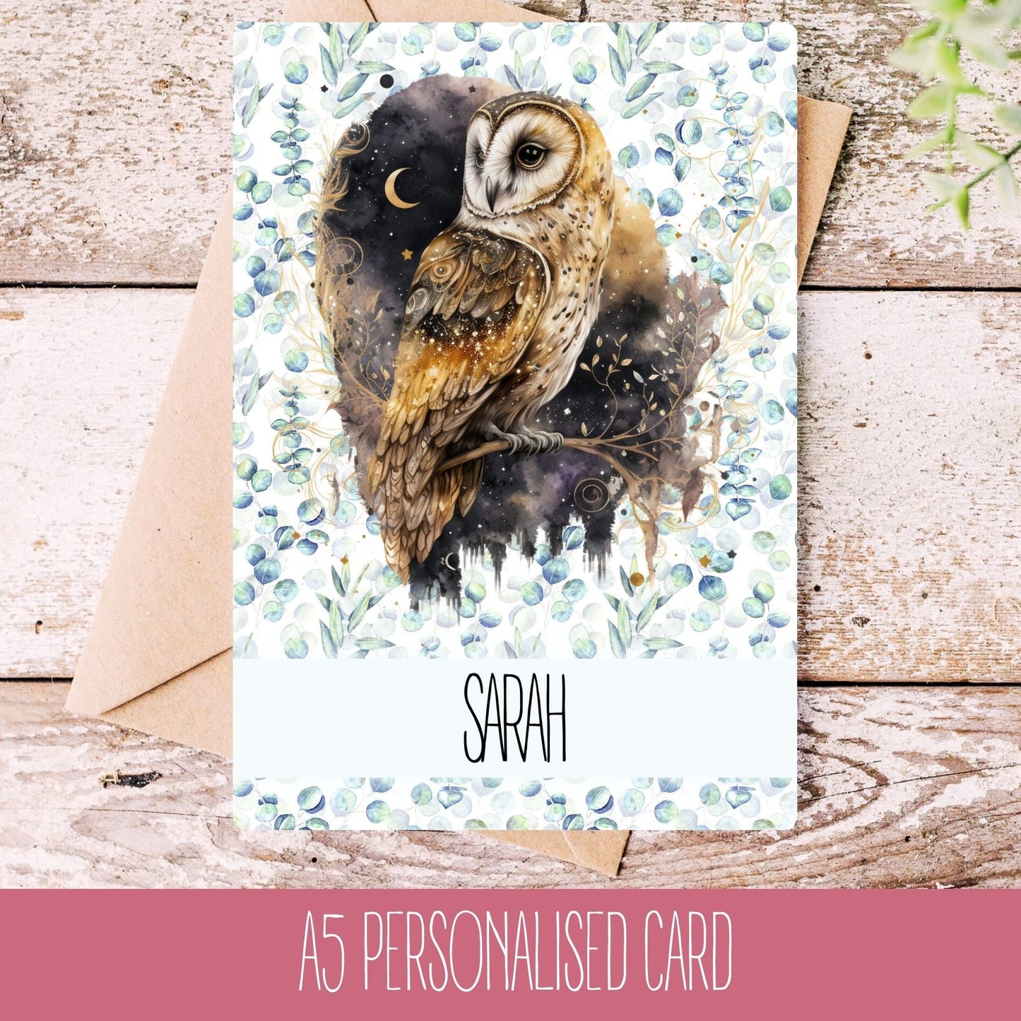 A personalised greetings card with an illustration of an owl, branches, and leaves, featuring the name 'SARAH' on the front.