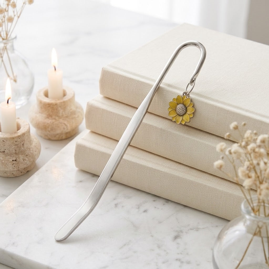 A silver metal bookmark with a small yellow sunflower charm rests on a stack of cream-coloured books on a white marble surface, with lit candles and dried flowers in the background.