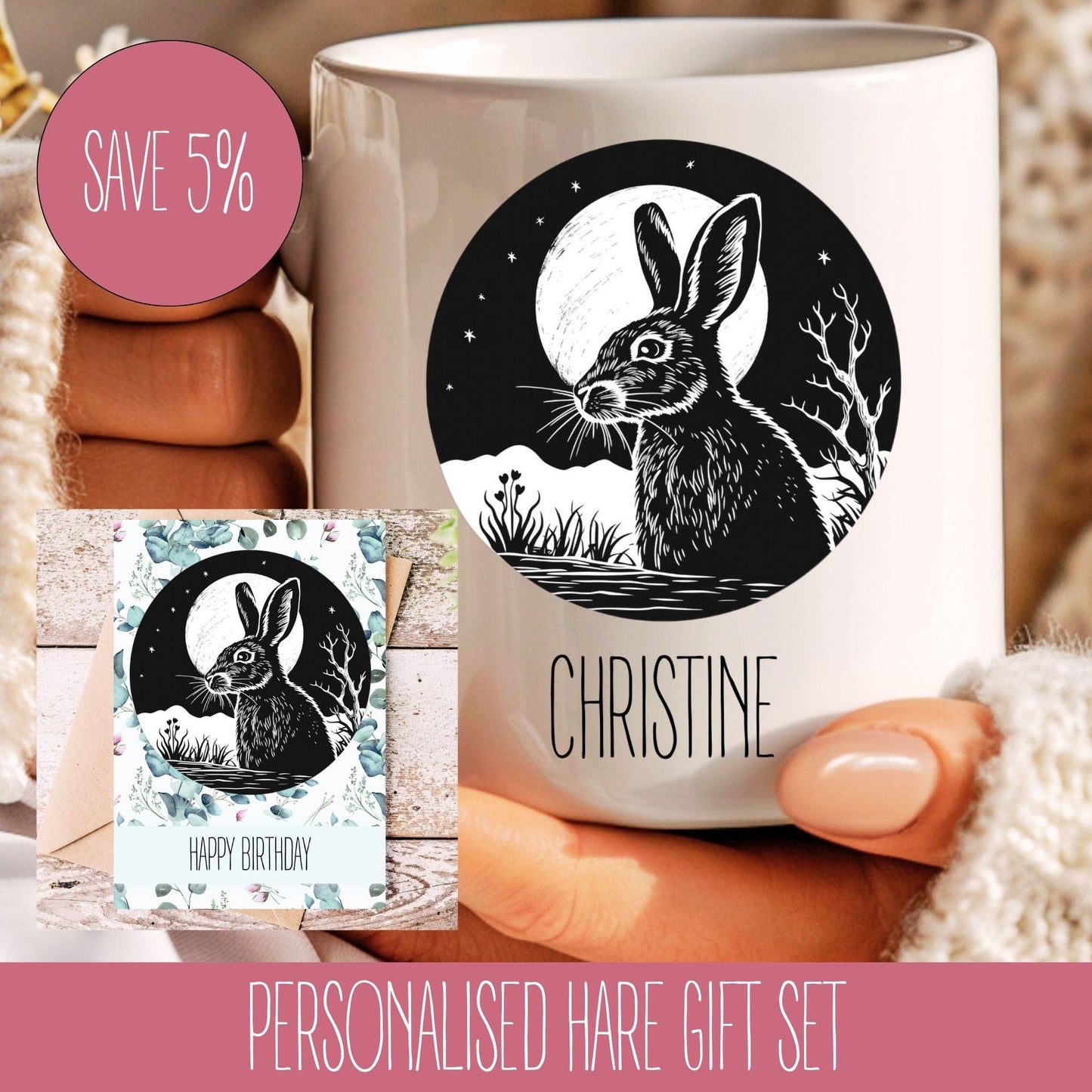 A personalised gift set featuring a white mug with a black illustration of a hare and surrounding foliage, and a matching A5 greeting card with a hare design and the name 'CHRISTINE' printed on it.