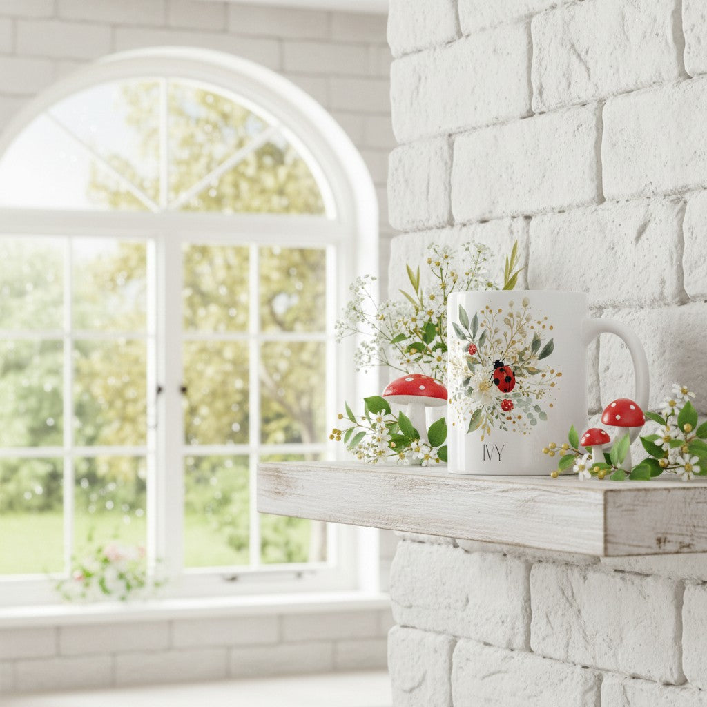 Decorative mug with floral ladybird designs on a white stone fireplace mantel.