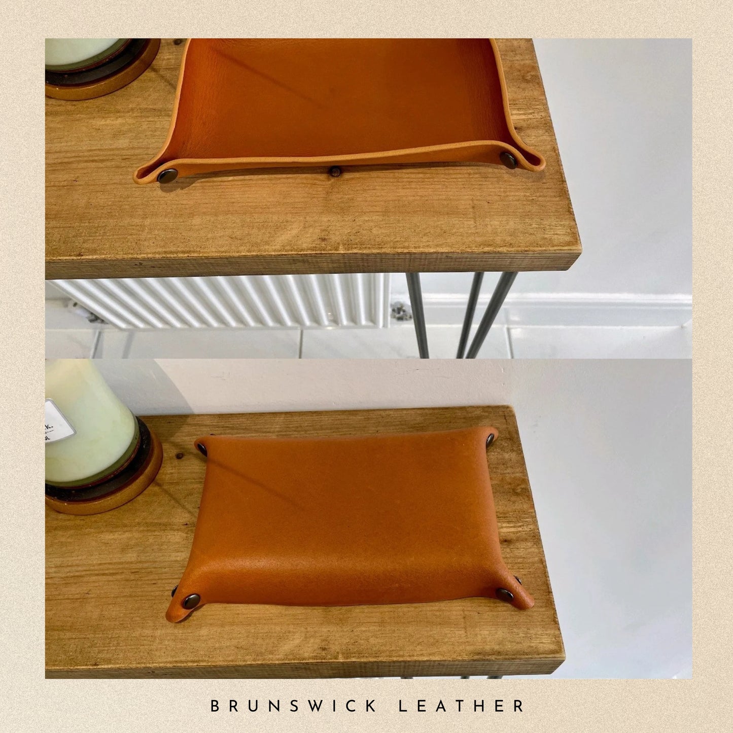 Brown leather tray with wooden base on a white surface, branded 'Brunswick Leather'.