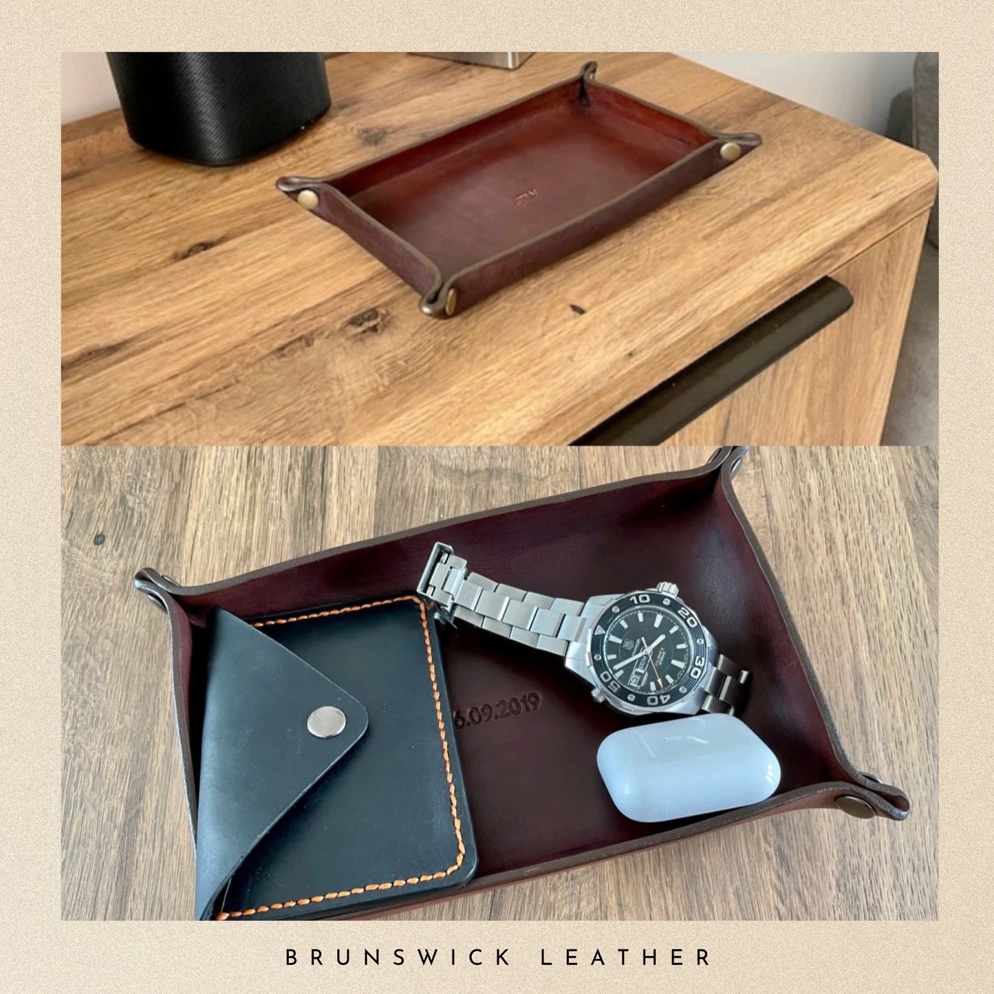 Brown leather tray with a watch and other items on a wooden surface, branded 'Brunswick Leather'.