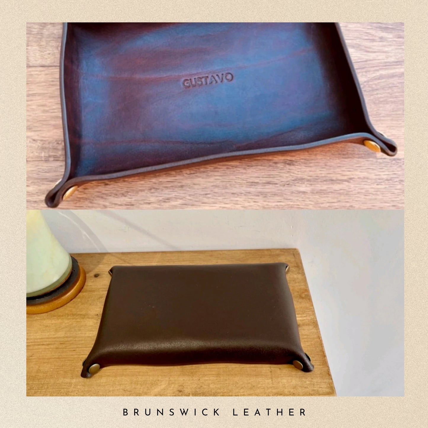 Two leather products on a wooden surface with 'Custavo' branding.