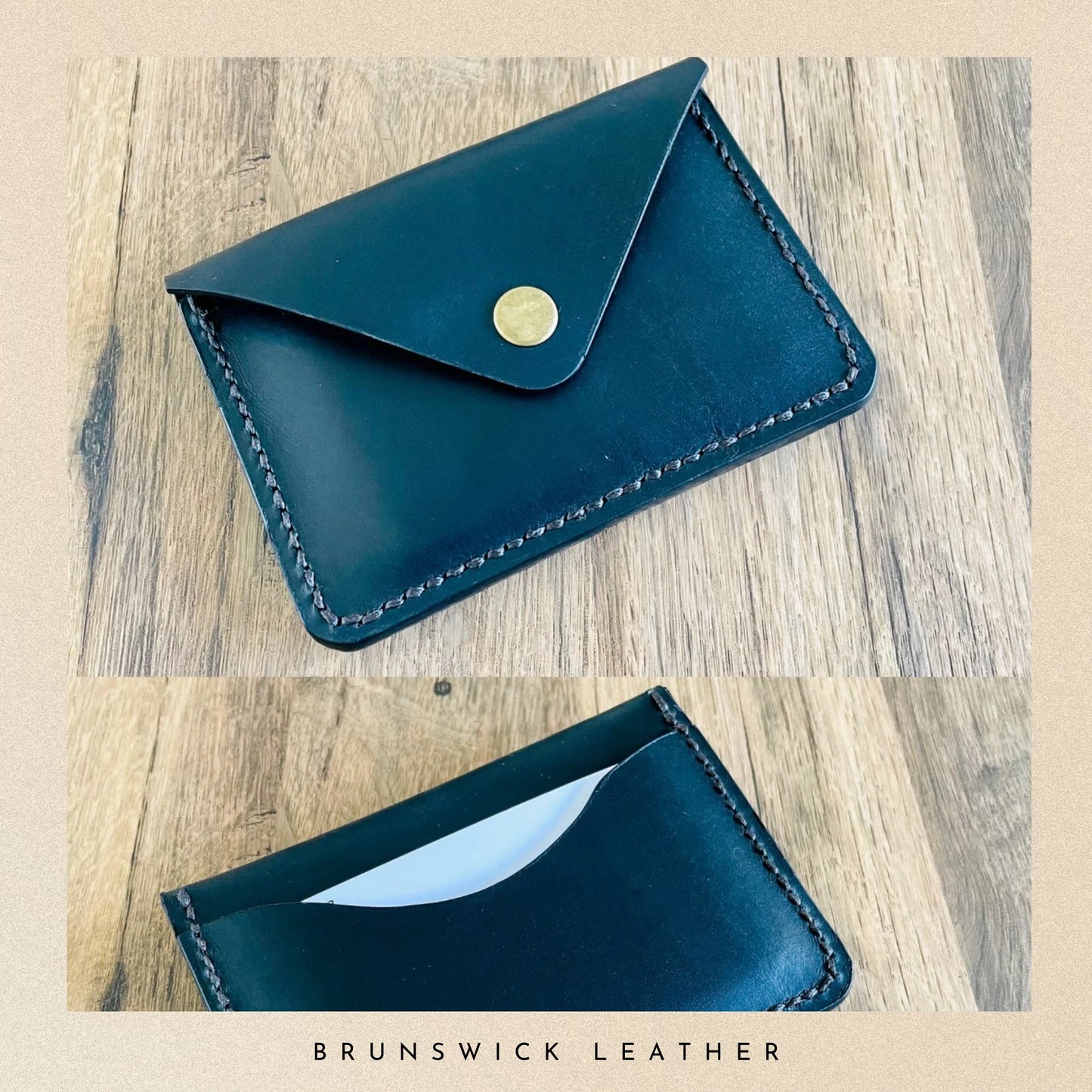Black leather cardholder with gold button on a wooden surface, branded 'Brunswick Leather'.