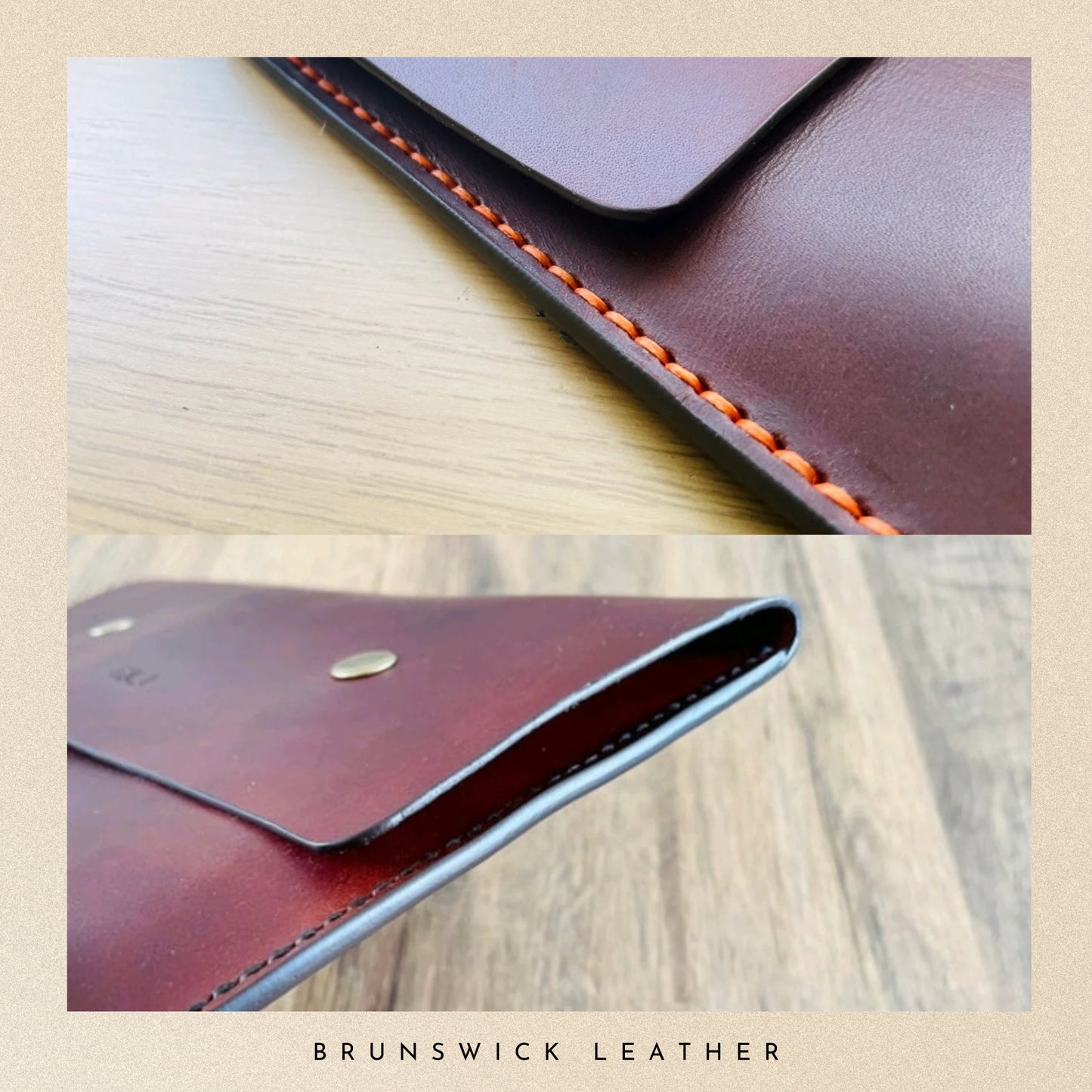 Close-up of a leather phone case with visible stitching on a wooden surface, branded 'Brunswick Leather'.