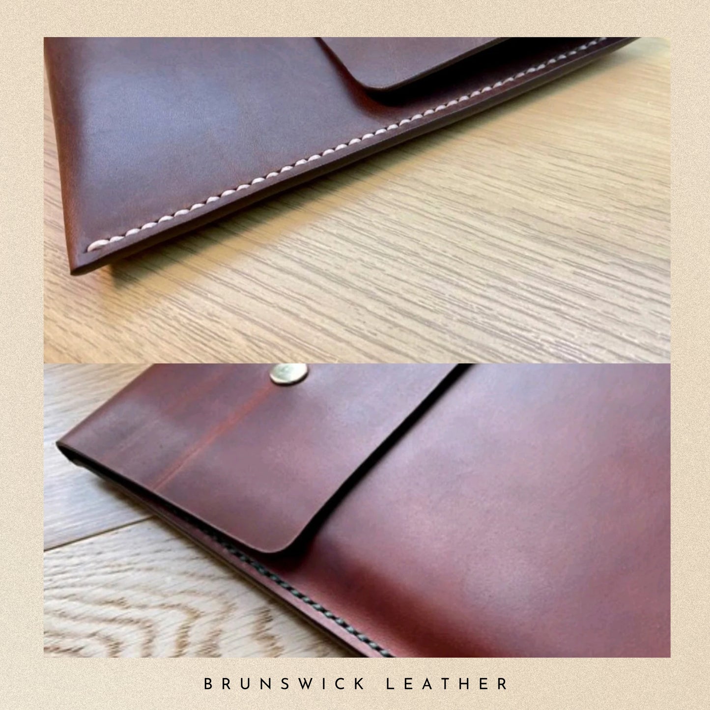 Two views of a brown leather envelope on a wooden surface with 'Brunswick Leather' branding.
