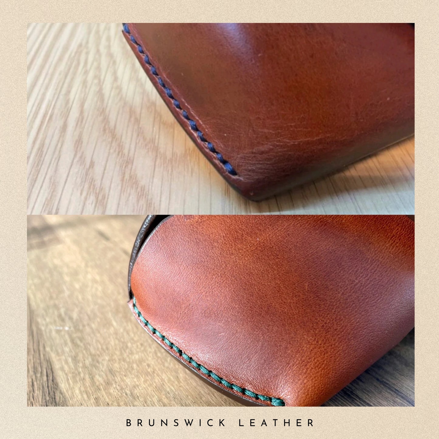 Close-up of a brown leather wallet with visible stitching on a wooden surface, branded 'Brunswick Leather'.