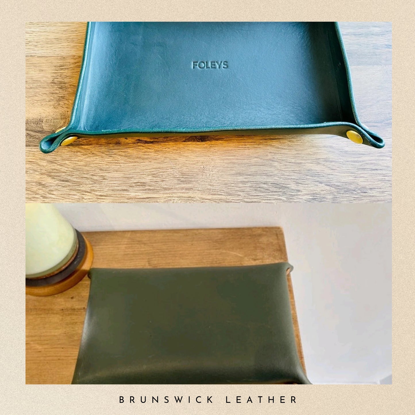 Two leather trays with 'Foleys' and 'Brunswick Leather' branding on a wooden surface.
