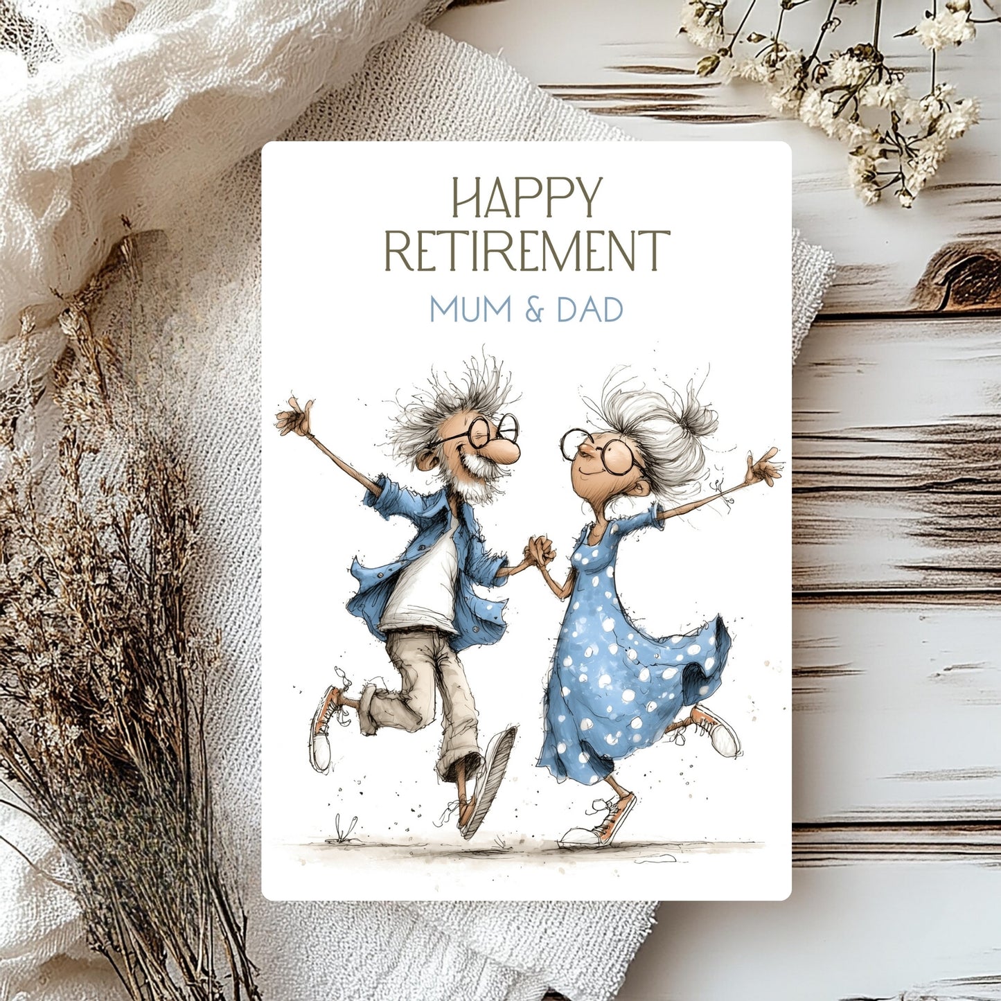 Happy Retirement card with cartoon illustration of an elderly couple on a wooden surface with decorative elements.