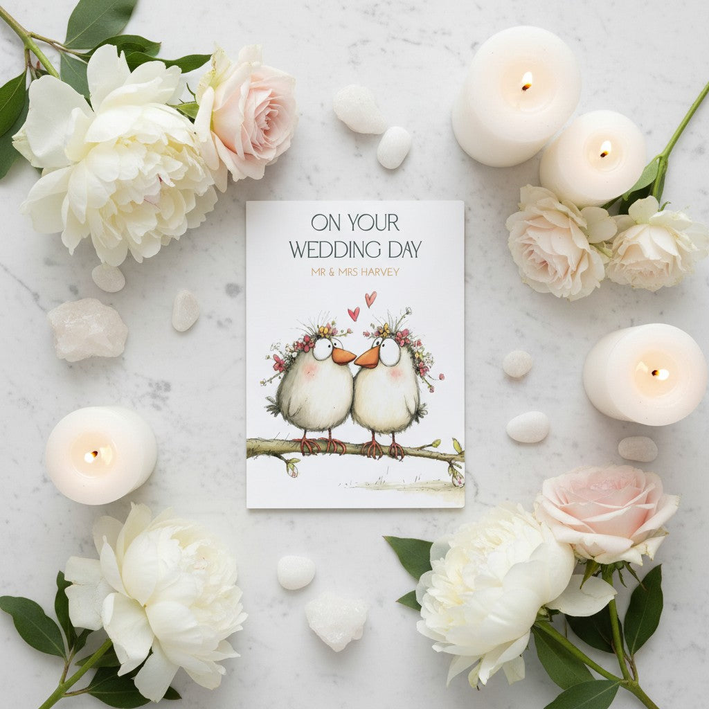 Wedding card with two birds on a branch surrounded by white and pink flowers and candles on a marble surface.
