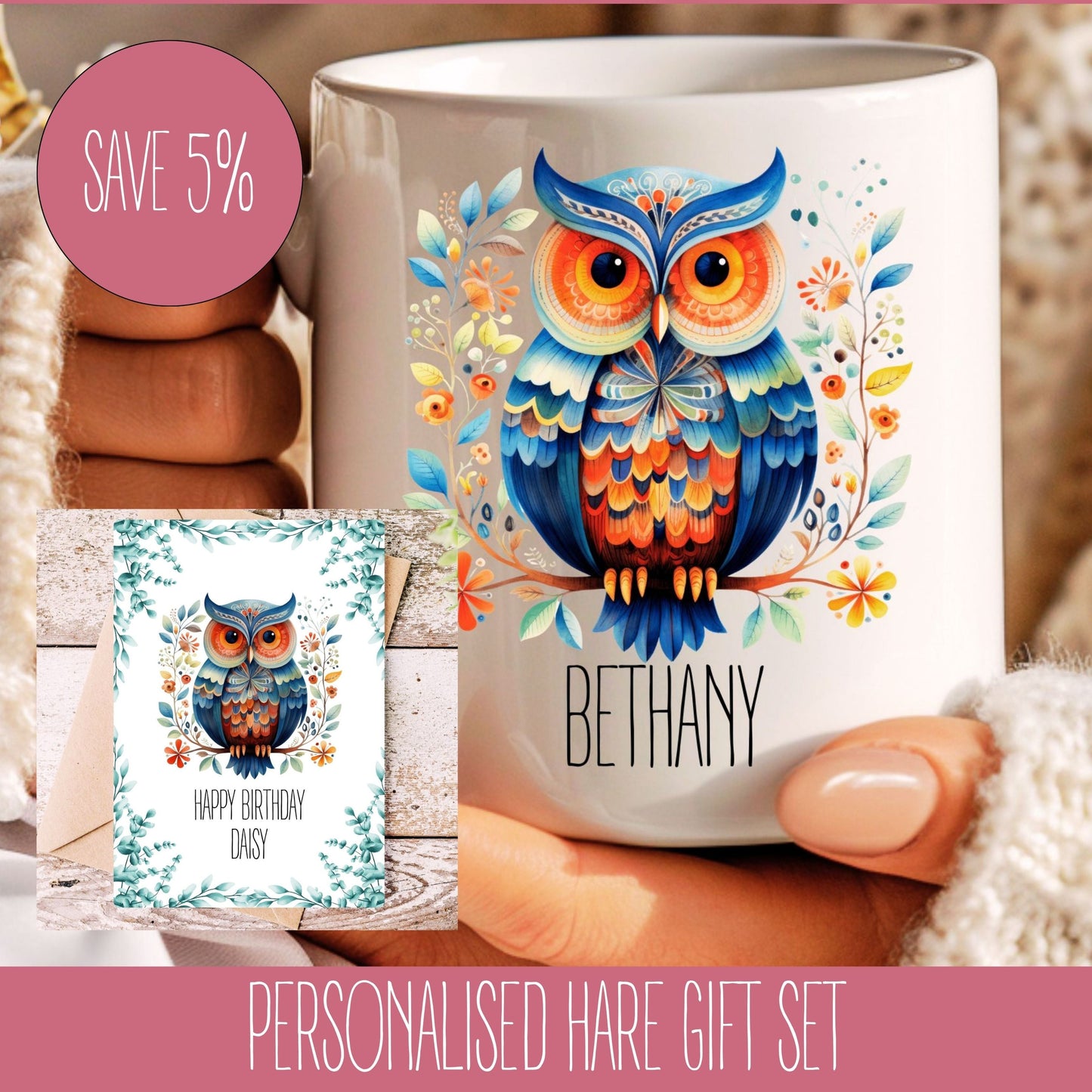 A personalised owl-themed gift set which includes a colorful owl design mug and a matching card, with the name 'Bethany' printed on the mug.