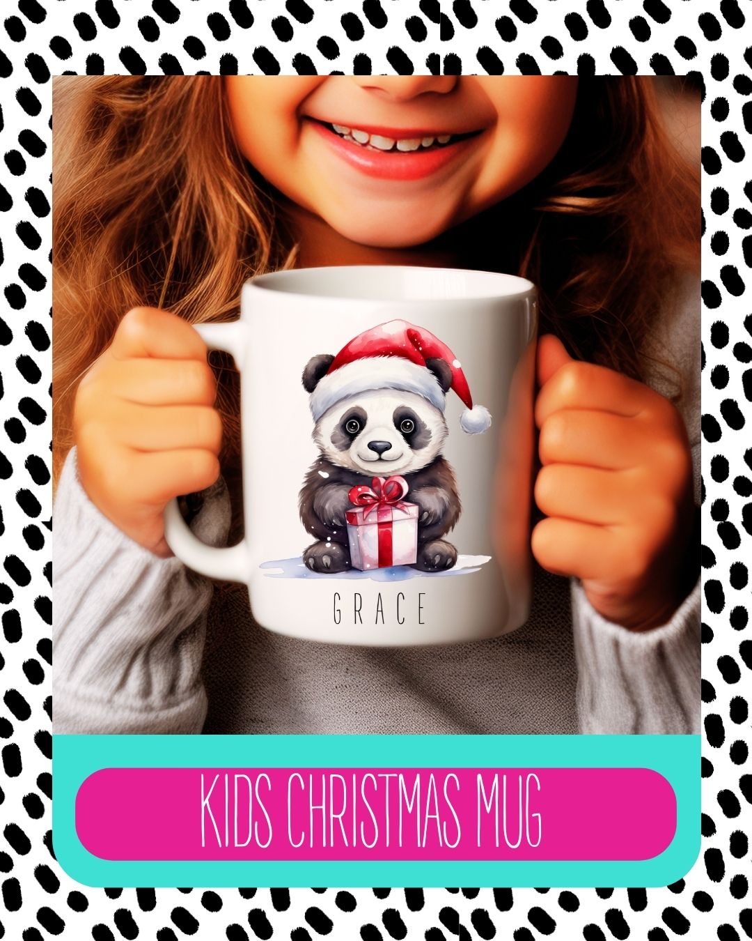A child holding a white ceramic mug with a cute panda design, a Santa hat, and the child's name 'Grace' printed on it.