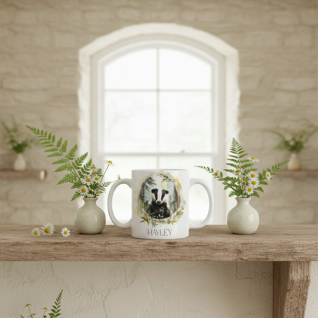 Mug with a badger illustration and name 'Hayley' on a wooden table with decorative plants.