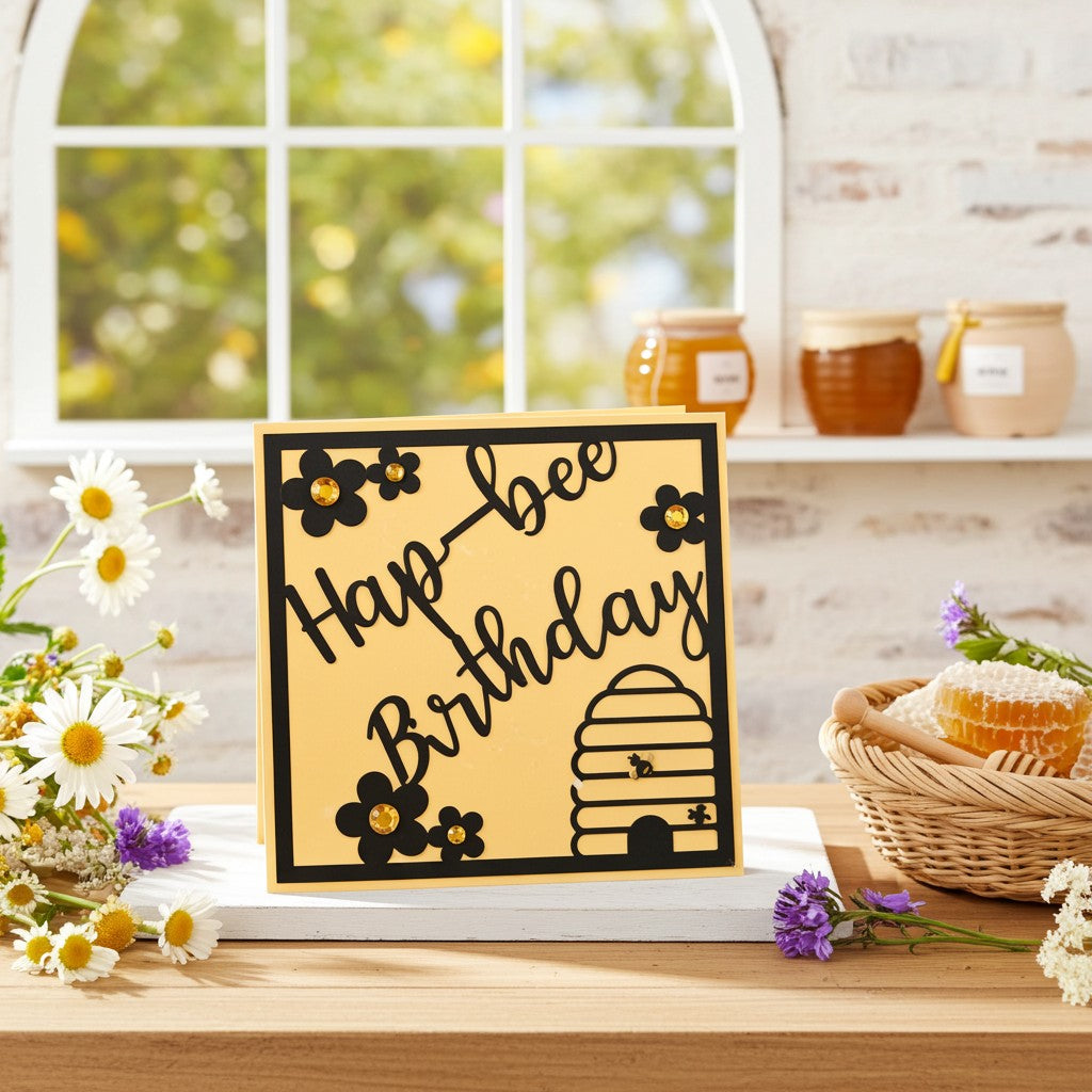 A square yellow birthday card with black script reading 'Hap-bee Birthday,' black floral and bee motifs, and a small beehive illustration, styled on a wooden table with flowers, honey jars, and a basket in a bright kitchen-like setting.