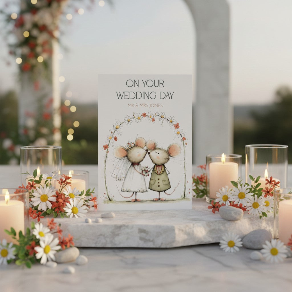 Wedding card with mice illustration on a table with candles and flowers outdoors.