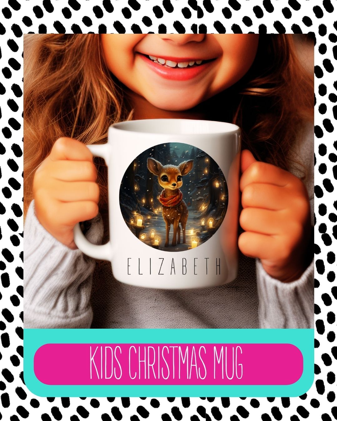 A personalised Christmas mug with a photo of a dog and a Christmas tree, with the name 'Elizabeth' printed on it. The mug is held by a child with a polka-dot background.