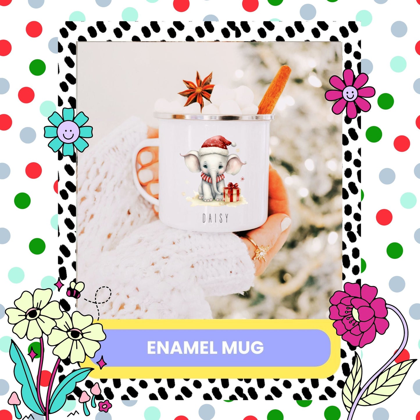 A white enamel mug with a personalised elephant design, held in a hand against a festive background with flowers and a Christmas tree.