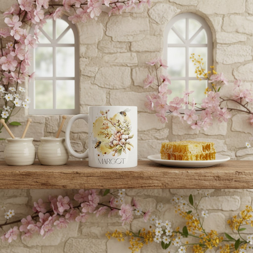 Mug with bee floral design and name 'MARGOT' on a wooden shelf with flowers and honeycomb.