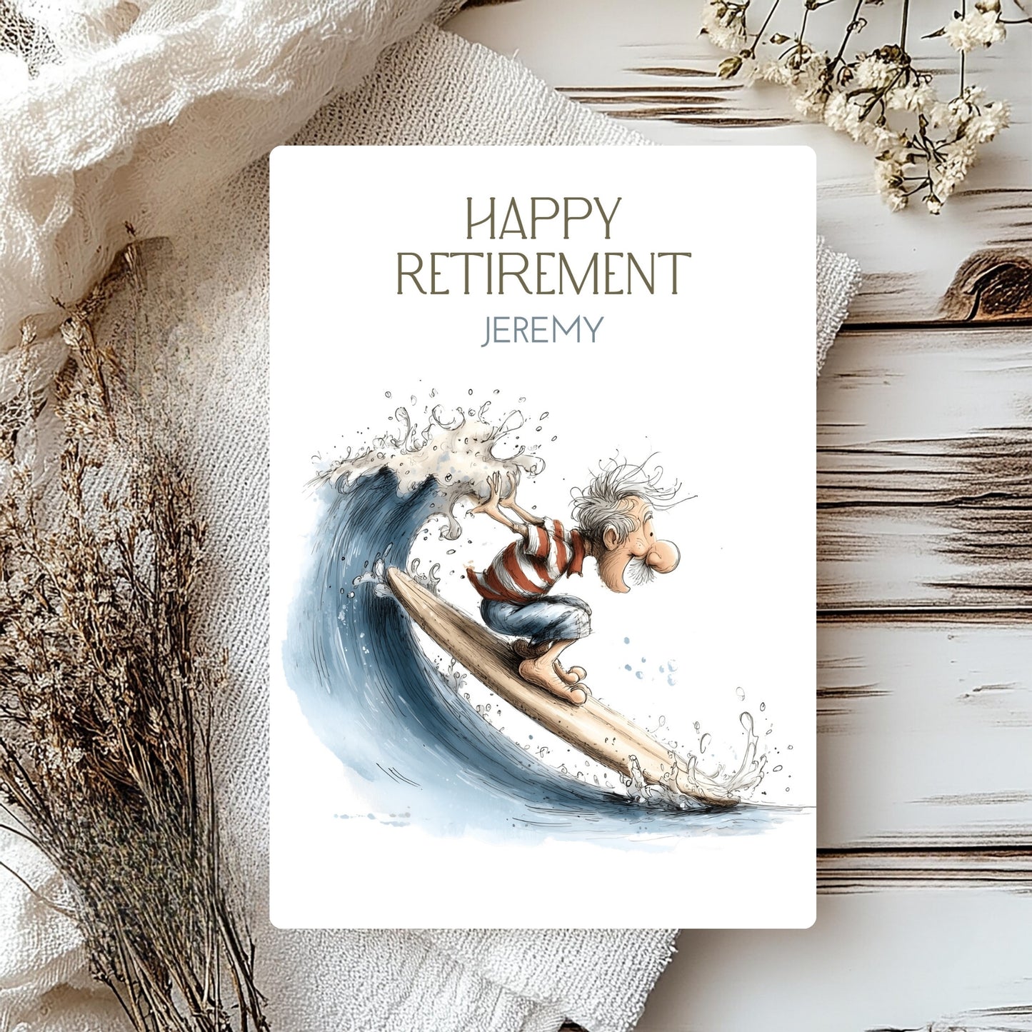 Happy Retirement card with a person surfing on a wave, surrounded by decorative elements.