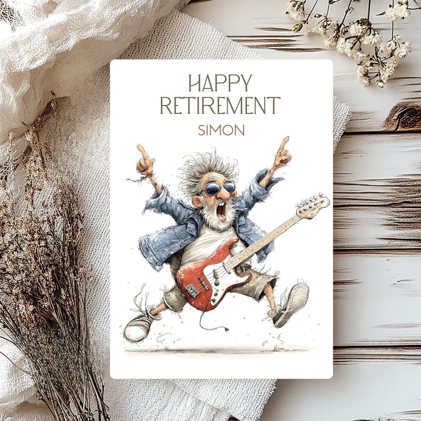 Happy Retirement card with a cartoon character playing guitar on a textured surface with flowers.