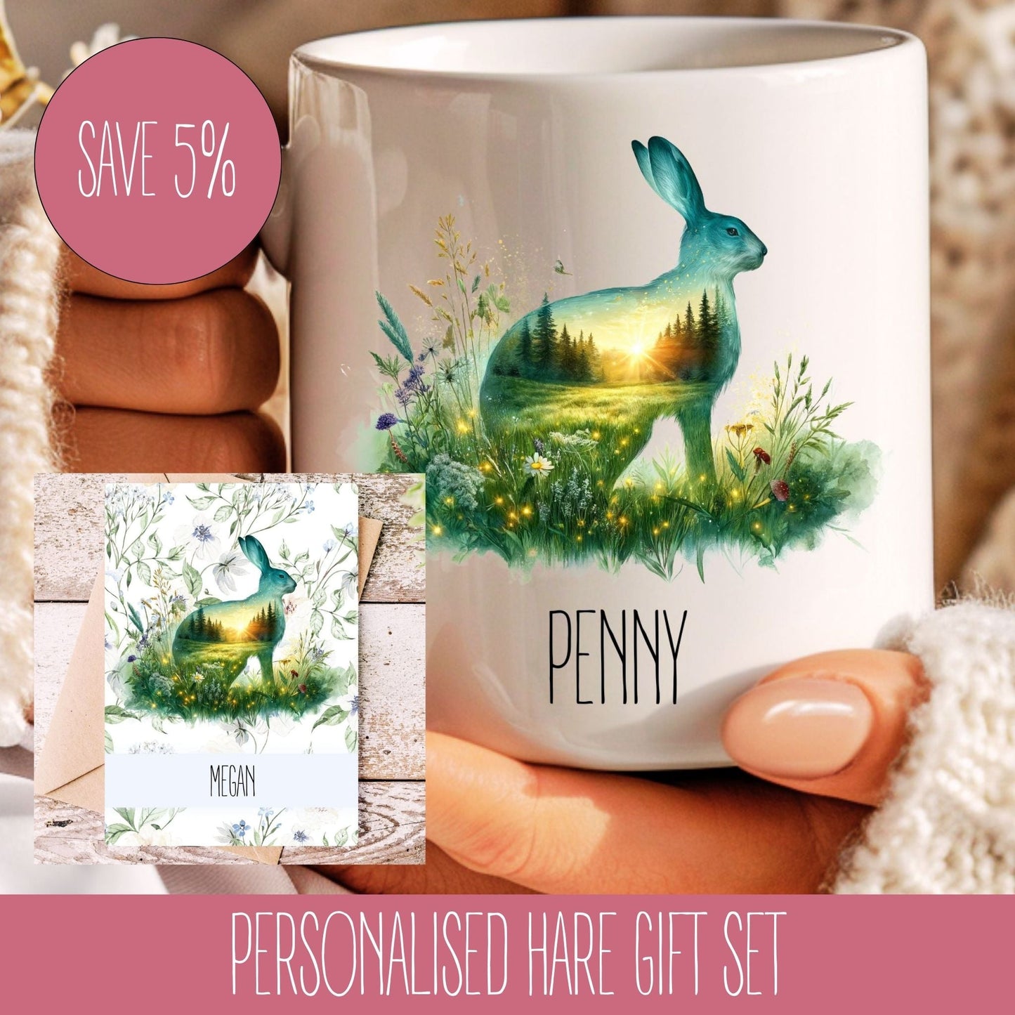 A personalised white mug with a green rabbit design and custom text 'Penny' on it, presented as part of a gift set.