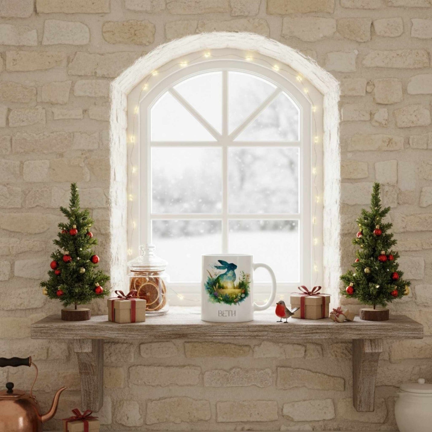 Decorative Christmas setup with a hare mug, small trees, and lights on a stone mantel.