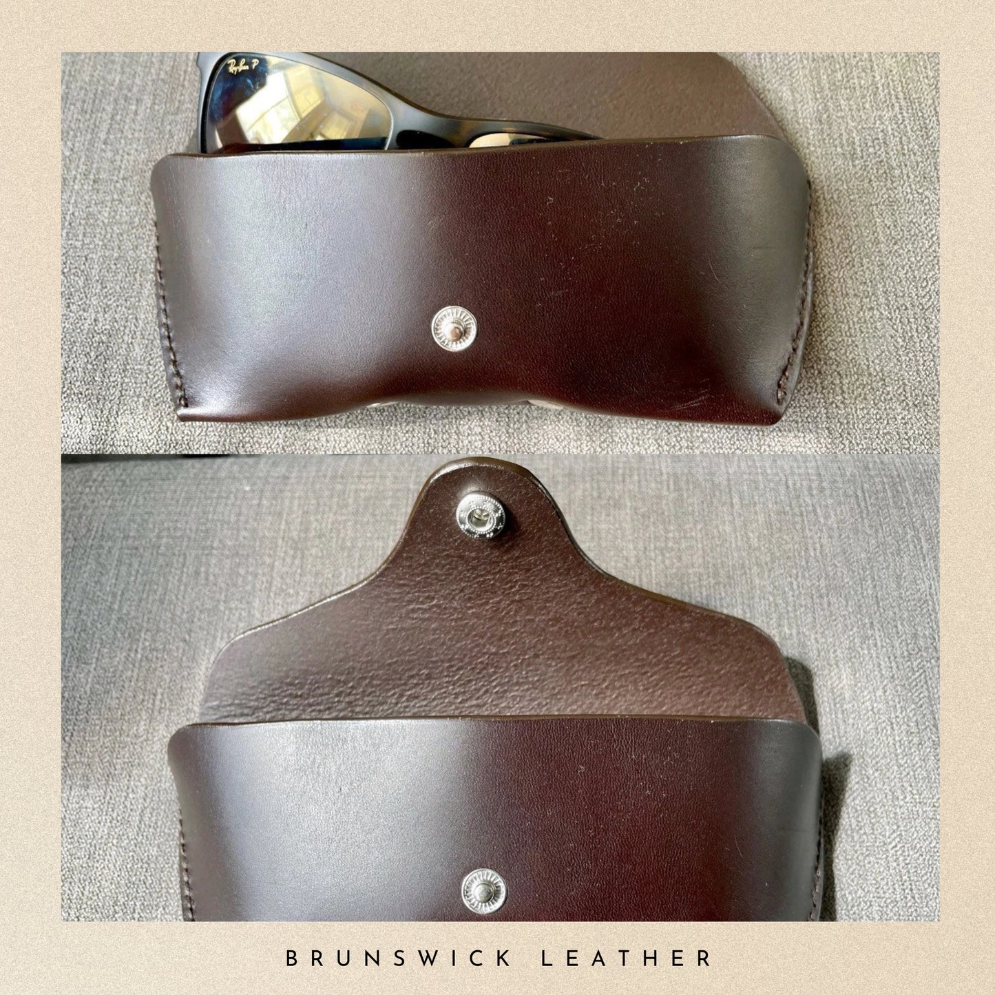 Brown leather sunglasses case with a silver button on a textured beige background, featuring 'Brunswick Leather' branding.