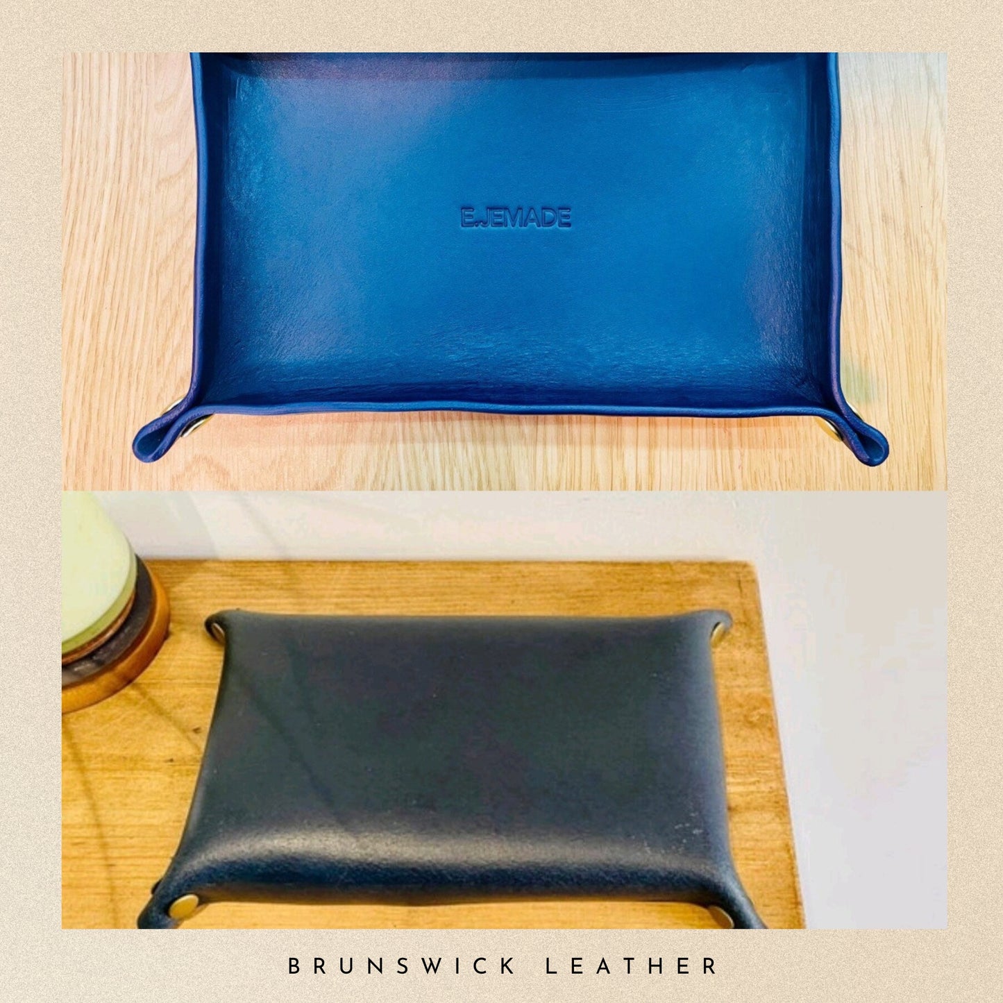 Blue leather tray with 'Elevate' branding on a wooden surface, followed by a black leather tray with 'Brunswick Leather' branding.