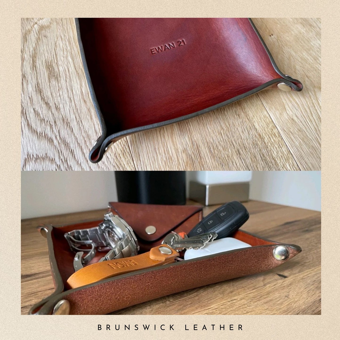Brown leather tray with 'Brunswick Leather' branding on a wooden surface.