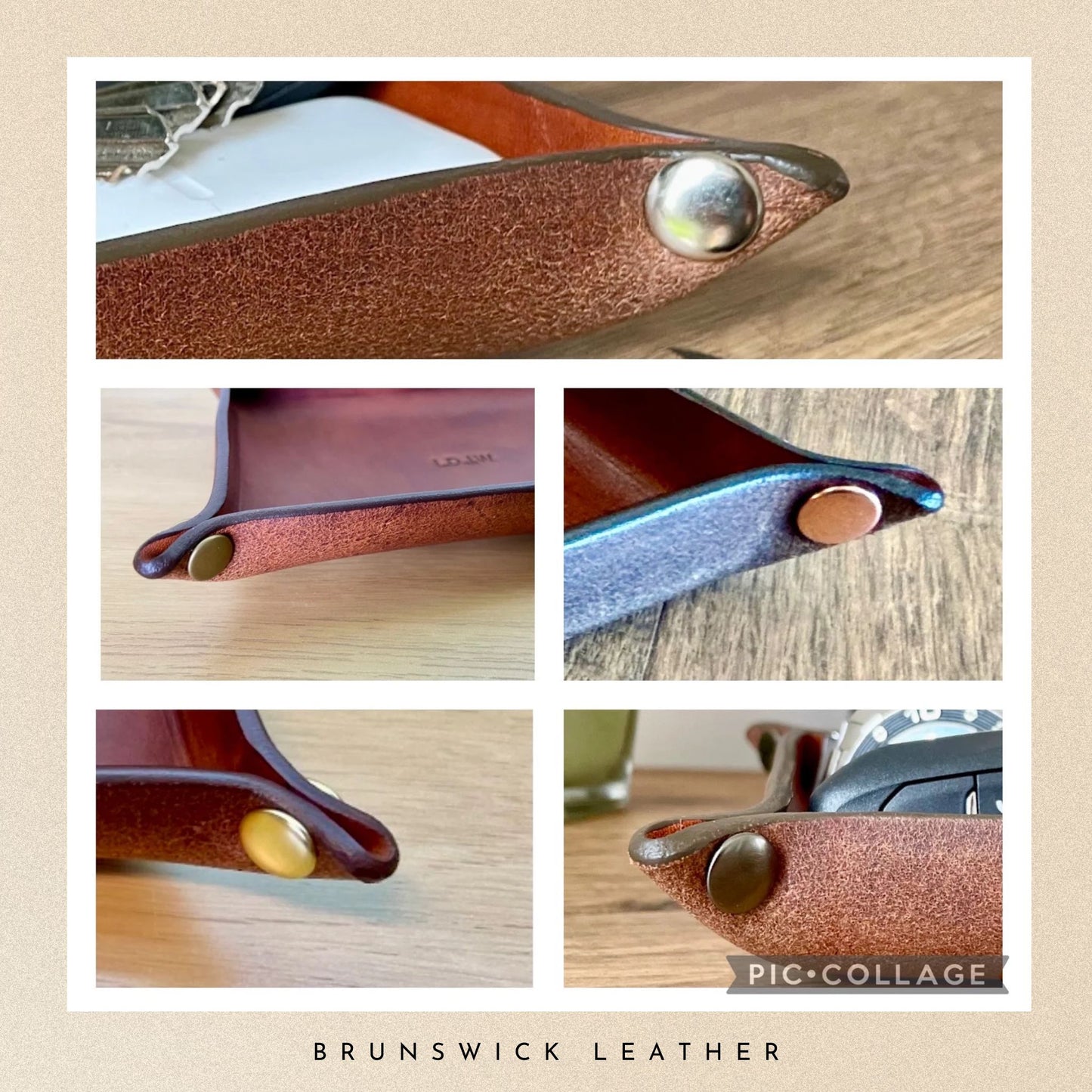 Collage of leather products with metallic studs, featuring 'Brunswick Leather' branding.